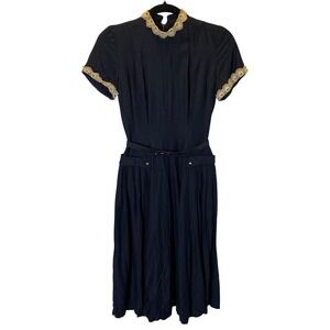 Vintage 1950s Kerrybrooke Dress Size XS Navy Blue Lace Trim Fit Flare Rockabilly